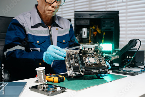 Fotografia Professional senior technician holding and inspecting computer motherboard at hi
