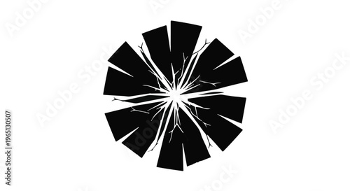 Abstract black starburst pattern with cracked texture on white background.