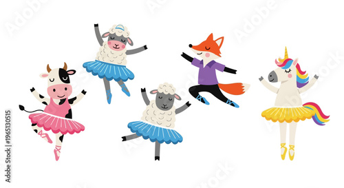 Cartoon animals in ballet costumes dancing.