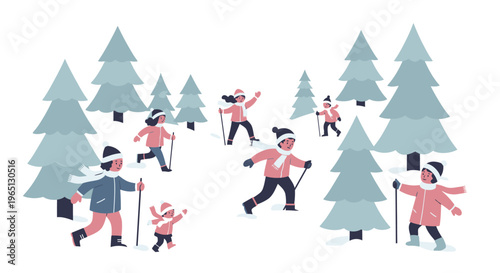 People skiing in winter landscape scene.