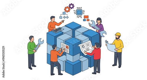 Workers Building Stack of Blue Boxes.