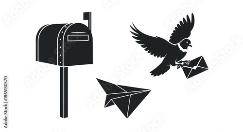 Bird delivers letter to mailbox.