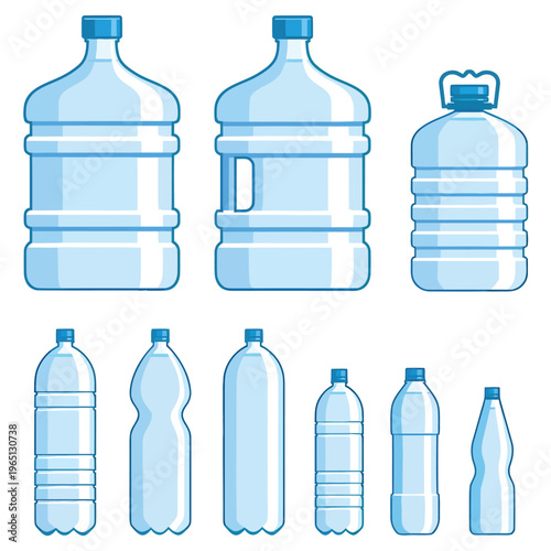 Set of various plastic bottles filled with clear liquid, isolated on white background, representing different sizes and types of containers for beverages and liquids
