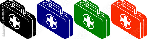 First aid kit box in black blue green and red colors isolated on transparent background