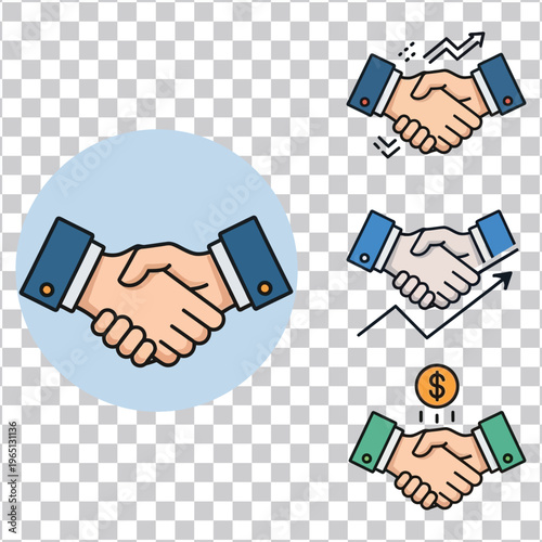 Handshake icons representing agreement, partnership, and success in business dealings