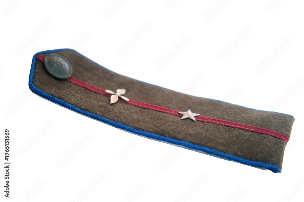 Obraz premium Shoulder strap of a military officer with stars on isolated transparent background. Uniform rank insignia for soldier or commander USSR. National army equipment for service and duty recognition.