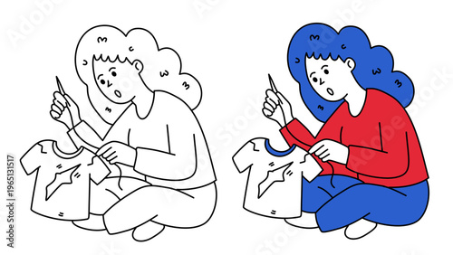 caring mother sewing and fixing clothes for her young son at home