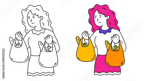 woman carrying heavy grocery bags full of food from the local market