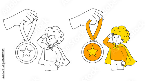 brave little boy dressed as superhero receiving golden medal from his parent