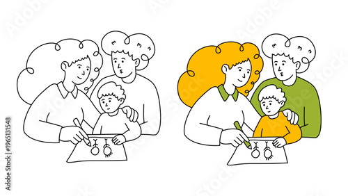 happy mother and father teaching their little son how to draw together