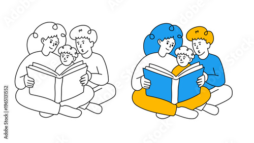 happy parents reading interesting book together with their young son indoors