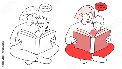 mother reading story book to son while child looks very confused today