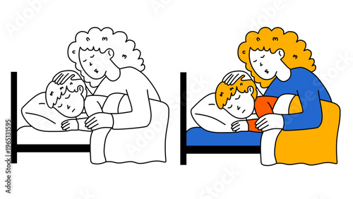 loving mother comforting her sick son who is resting in his bed