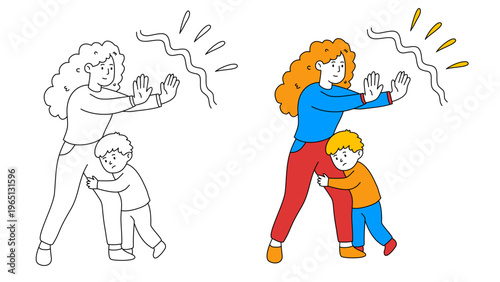 mother protecting her scared child from invisible danger with strong hand gesture