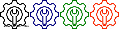 Cogwheel with wrench and spanner tools in four colors