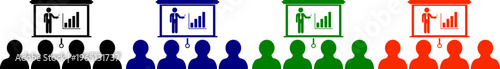 Presentation icon with speaker and audience in black blue green and red for education themes