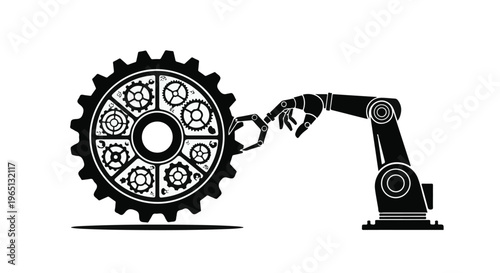 Robotic arm meticulously placing a gear into a larger mechanical wheel, symbolizing precision and automation.