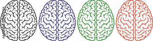 Brain illustration icon set black blue green red outline isolated on transparent