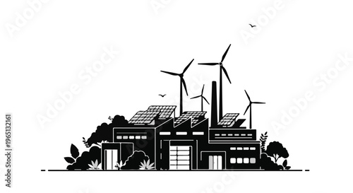 Sustainable factory with wind turbines and solar panels generating clean energy for a greener future.