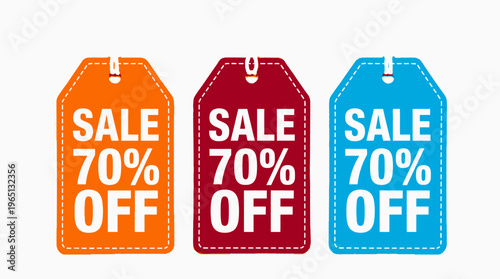 Three colorful sale tags with bold text “SALE 70% OFF,” hanging design, symbolizing retail discounts, promotions, marketing, consumer deals.