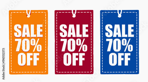 Three colorful sale tags with bold text “SALE 70% OFF,” hanging design, symbolizing retail discounts, promotions, marketing, consumer deals.