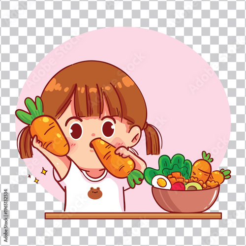 Happy Little Girl Joyfully Indulging in Fresh Carrots and a Wholesome Vegetable Salad, Promoting Good Nutrition and a Balanced Diet for Children