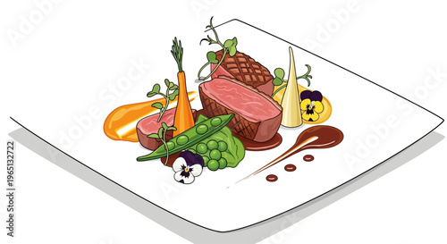 Gourmet Beef Steak Dish with Vegetables and Sauce on White Plate