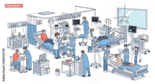 Hospital Emergency Room Scene with Doctors, Nurses, and Patients in Intensive Care