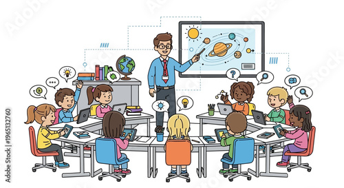 Teacher Explains Solar System to Engaged Students with Tablets in Modern Classroom