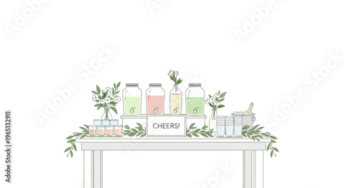 Summer Drinks Bar Cart with Colorful Refreshments and Greenery