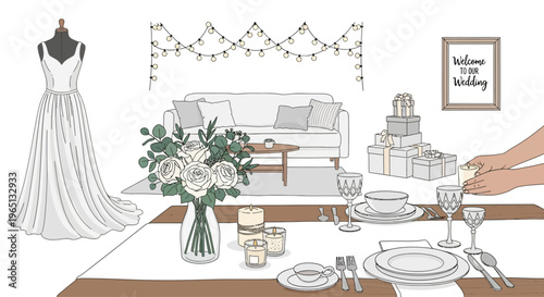 Wedding preparation scene with dress, table setting, gifts, and decor