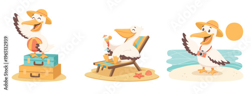 Cute pelican relaxing on beach chair with cocktail, funny bird sunbathing, summer vacation. flat vector illustration