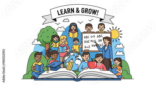 Children Learning and Growing Together with Teacher, Diverse Students Reading and Studying