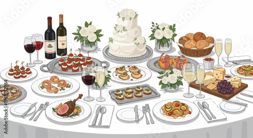Elegant Wedding Feast: Multi-tiered Cake, Wine, Appetizers, and Gourmet Food Platter