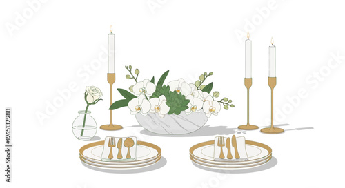 Elegant Table Setting with White Orchids and Gold Candlesticks