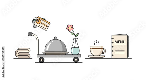 Hotel Room Service, Breakfast Tray, Key Card, Flower, Coffee Cup, Menu Icon