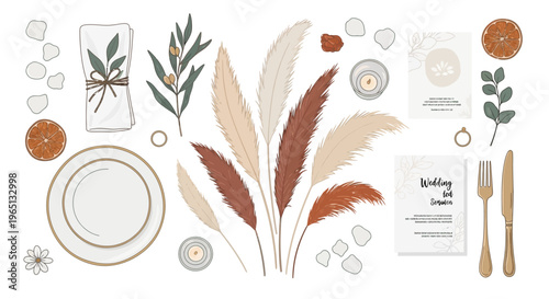 Boho wedding table setting, pampas grass, dried orange slices, invitation cards, flat lay