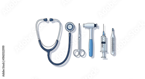 Medical Instruments Flat Design: Stethoscope, Syringe, Thermometer, Scissors, Otoscope