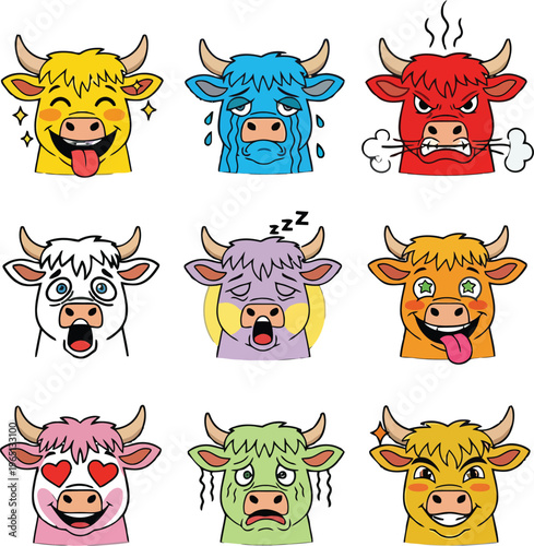 Vibrant collection of cartoon ox and cow faces, each depicting a unique emotion from happiness and anger to surprise and sleepiness, ideal for expressive design elements and avatars