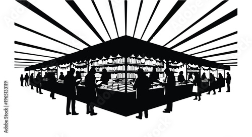 Silhouettes of people browsing stalls in a vibrant marketplace with radiating light beams.
