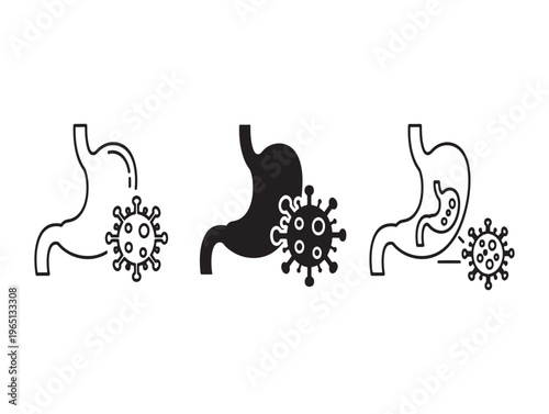 Stomach virus, digestive system, infection icons, gastrointestinal illness, bacteria