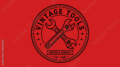 Vintage Tools Repair Service Logo on Red Background.
