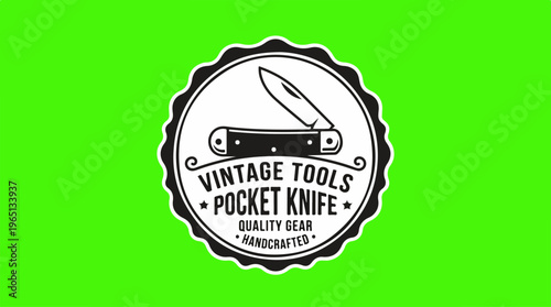 Vintage Tools Pocket Knife Logo Design on Green Background.