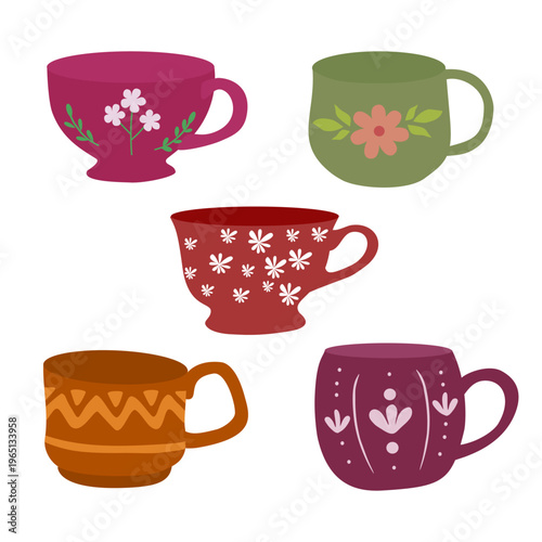 Collection of Cups with Folk Art and Floral Designs