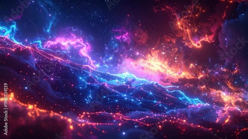 A cosmic scene with vibrant nebula and interconnected digital networks