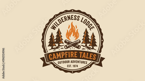 Wilderness Lodge Campfire Tales Outdoor Adventure Logo Design.