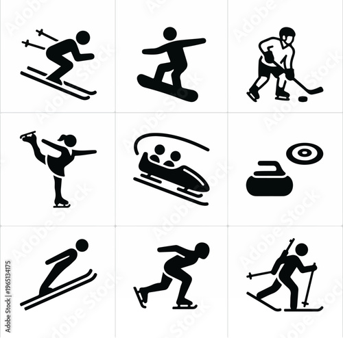 Winter sports icons representing various athletic activities on ice and snow.
