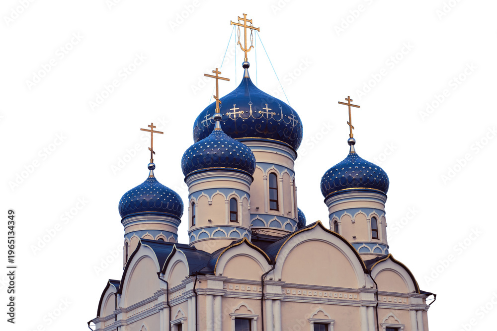 Obraz premium Russian Orthodox church with blue domes and golden crosses on isolated transparent background. Traditional architecture of temple. Eastern Christianity building for religious worship and prayer.