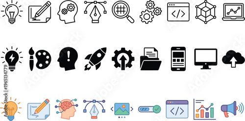 Creative Design and Development Icon Set Featuring Innovation, Coding, UI UX, Technology, Startup, Digital Tools, Analytics, and Programming Symbols in Line, Solid, and Flat Styles