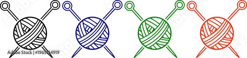 Collection of yarn balls with knitting needles in four different colors black blue green and orange on a transparent grid